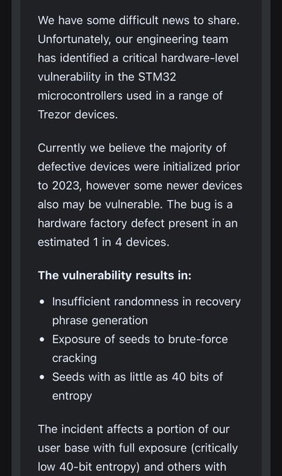A dark-themed announcement message about a critical hardware-level vulnerability in STM32 microcontrollers used in Trezor devices, noting insufficient randomness in recovery phrase generation and seeds with as little as 40 bits of entropy.