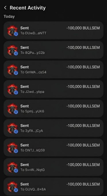 A "Recent Activity" screen showing multiple sent transactions of 100,000 BULLSEM tokens each to various wallet addresses, which the post presents as evidence of an airdrop distribution requiring users to like, RT, and follow before dropping their $SOL wallet address to claim the guaranteed giveaway.