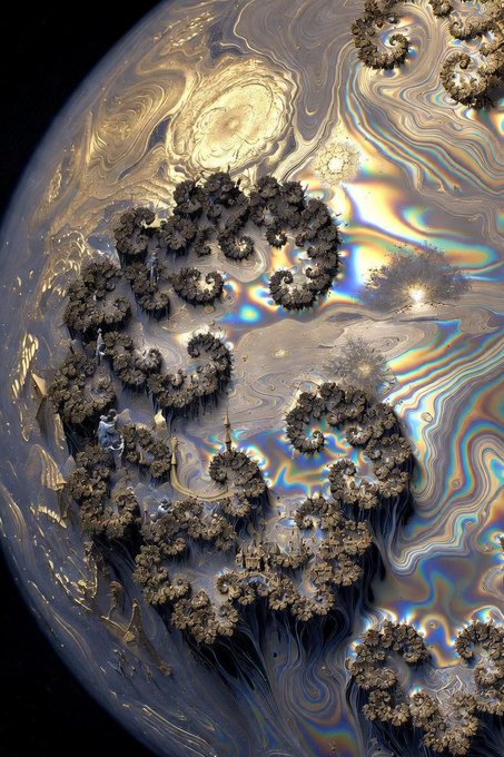 A close-up abstract image showing a sphere with iridescent, oil-slick swirled patterns overlaid with intricate, fractal-like brown crystalline structures.
