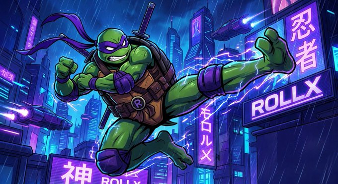 An animated illustration of a ninja turtle character leaping dynamically through a neon-lit cityscape with Japanese characters and "ROLLX" signs visible.