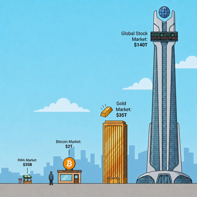An infographic comparing market sizes, showing RWA Market ($35B), Bitcoin Market ($2T), Gold Market ($35T), and Global Stock Market ($140T) as buildings of increasing height.