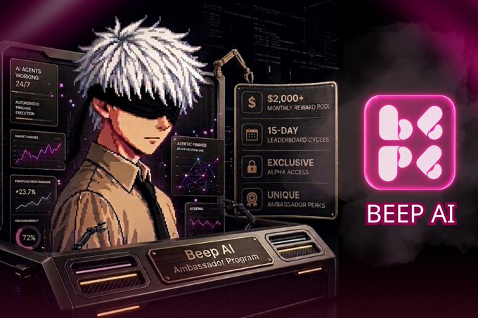 A cartoon character with white hair and a blue shirt stands before a computer monitor displaying a pink screen, accompanied by text promoting the "BEEP AI" project.