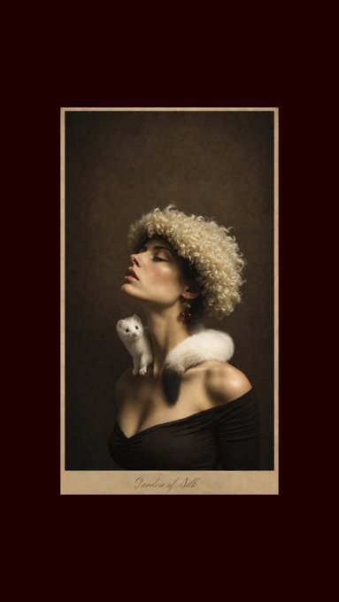 A vintage-style portrait of a woman with curly blonde hair wearing a black off-shoulder dress, with a small white cat perched on her shoulder. The text 'Duchess of North' appears at the bottom.