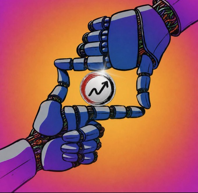 Two robotic blue hands cradle a coin displaying an upward-trending arrow, symbolizing a community's united support and unwavering dedication to a memecoin project. The vivid orange and pink gradient background reinforces the message that "bagworking" this coin represents not just an investment, but a passionate and inspired collective effort.