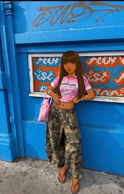 A stylish woman poses confidently against a vibrant blue wall decorated with mosaic tiles, wearing a pink "STARTOWN GIRL" crop top, camouflage cargo pants, and orange flip-flops, carrying a pink handbag. The bold, colorful street-style outfit mirrors the post's upbeat, resilient energy of bouncing back and seizing a new day.