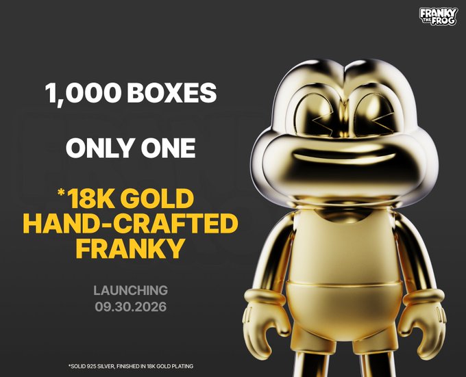 Promotional advertisement for a limited edition collectible figure by "FRANKY THE FROG" featuring a hand-crafted 18K gold-plated Franky toy, with only 1,000 boxes launching 09.30.2026, made of solid 925 silver with 18K gold plating.