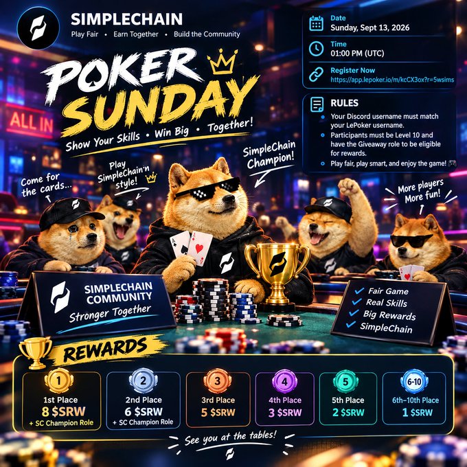 Promotional poster for 'SIMPLECHAIN Poker Sunday' event scheduled for Sunday, Sept 13, 2026 at 01:00 PM (UTC), featuring Shiba Inu dogs in sunglasses at a poker table with reward tiers for 1st-10th place.