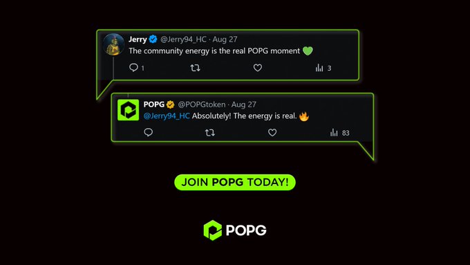 A promotional graphic showing a Twitter exchange between @Jerry94_HC and @POPGtoken discussing 'real POPG energy,' with a 'JOIN POPG TODAY!' button and the POPG logo at the bottom.