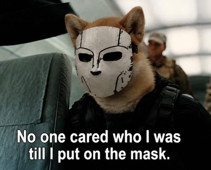 An image of the "Doge" meme featuring a Shiba Inu wearing a hockey mask, with the caption "No one cared who I was till I put on the mask."