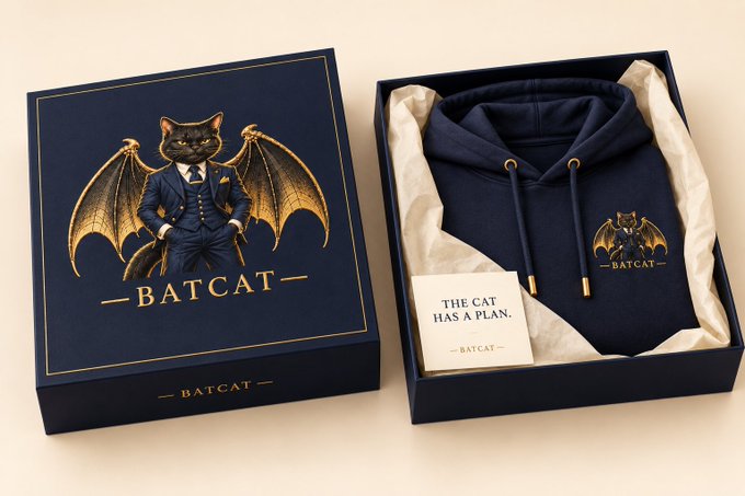 A premium 'BATCAT' branded gift box opened to reveal a navy hoodie and a card reading 'THE CAT HAS A PLAN'.