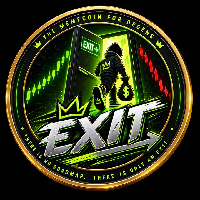 A circular graphic/logo for a memecoin called 'EXIT,' described as 'THE MEMECOIN FOR DEGENS,' featuring a hooded figure running through an exit door carrying a money bag, with the tagline 'THERE IS NO ROADMAP. THERE IS ONLY AN EXIT.' and candlestick chart graphics in the background.