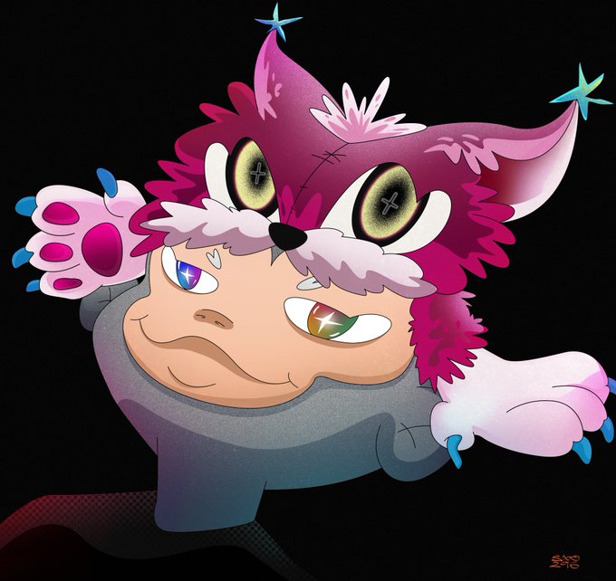 A stylized digital illustration shows a character with pink fluffy fur, large yellow eyes, and colorful sparkly eyes peeking out from underneath.