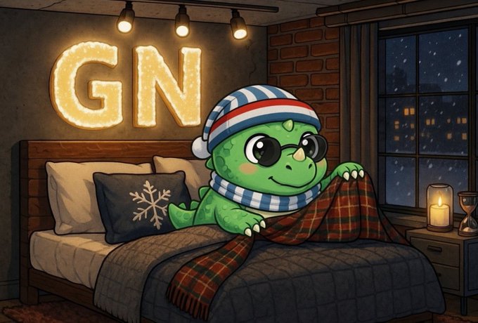 A cute cartoon green dinosaur wearing a striped nightcap and scarf tucks itself into bed under a plaid blanket, with glowing 'GN' letters on the wall behind it.