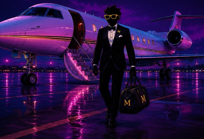 A stylish man in a tuxedo and sunglasses walks away from a private jet carrying a monogrammed duffel bag marked with "M," embodying the post's message that "$MANIFEST" is built on disciplined delusion rather than luck. The luxurious, neon-lit scene reinforces the aspirational vision of manifesting wealth and success.