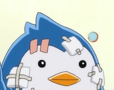 A cute cartoon penguin with a white face and orange beak has several bandages stuck to its head and body, suggesting injuries.