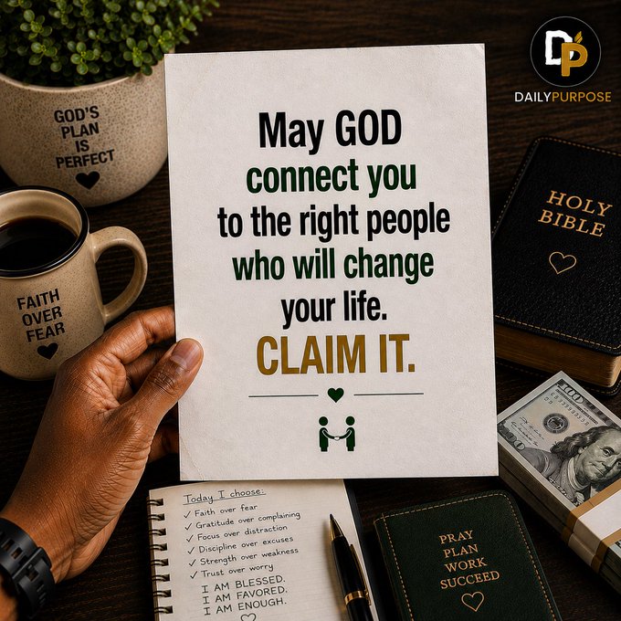 A hand holds a card reading "May GOD connect you to the right people who will change your life. CLAIM IT." surrounded by religious items including mugs labeled "GOD'S PLAN IS PERFECT" and "FAITH OVER FEAR," a "HOLY BIBLE," and cash, branded as "DAILYPURPOSE."