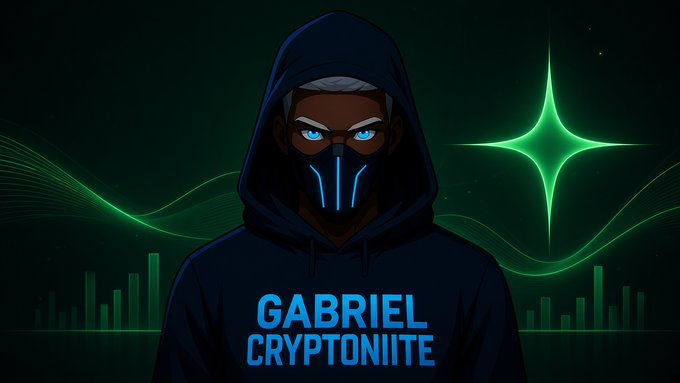 A digital illustration shows a hooded figure with glowing blue eyes and a futuristic mask, with the text 'GABRIEL CRYPTONIITE' displayed in blue against a dark green background with neon accents.