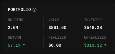 A portfolio dashboard displays holdings of 2.6M tokens valued at $861.60 against an investment of $548.28, yielding a 57.1% return with $313.32 in unrealized gains. The image illustrates the positive results of dollar-cost averaging into the $WORK token (contract 0x122b03fbd590826ffcfbed4cf53b251e914520e1) as referenced in the post.