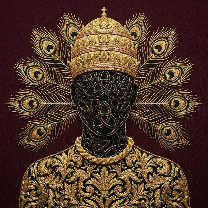 A stylized portrait of a regal figure wearing an ornate golden papal-style crown topped with a cross, adorned with elaborate gold-embroidered baroque clothing and a radiant halo of peacock feathers against a deep maroon background—the face and skin covered in intricate black Celtic knot patterns. This majestic "Epic" NFT artwork symbolizes the elevated, legendary status the creator is refining within their NFT collection update.