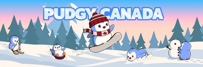A cheerful "PUDGY CANADA" banner showcases a snowy winter scene with several Pudgy Penguin characters enjoying classic Canadian winter activities, including snowboarding, sledding, and building a snowman, while wearing red and white scarves and toques inspired by the Canadian flag. The illustration celebrates the Pudgy Canada sub-community, highlighting how Penguins around the world are coming together to build local connections and grow the community.