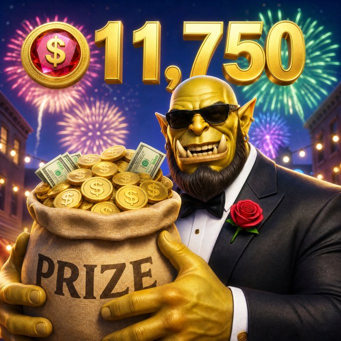 A gold-skinned cartoon character in a tuxedo and sunglasses holds a sack labeled 'PRIZE' filled with coins and cash, beneath '$11,750' and fireworks.