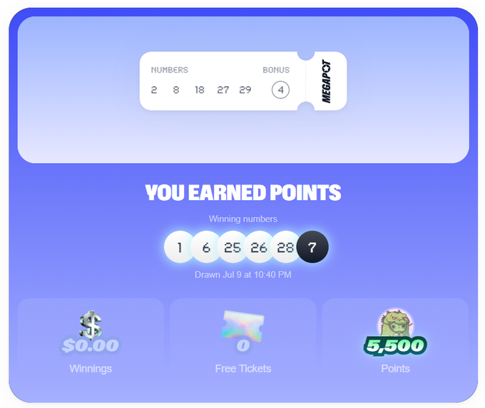 A digital lottery ticket interface shows the message 'YOU EARNED POINTS' for matching numbers 1, 6, 25, 26, 28, and 7 (drawn July 9 at 10:40 PM), awarding 5,500 points despite $0.00 in winnings and 0 free tickets.