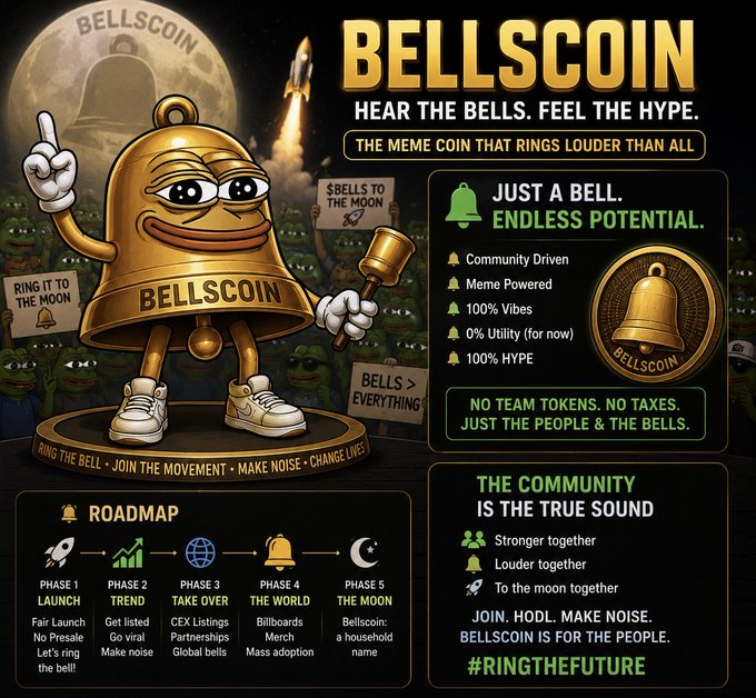 A promotional graphic for "BELLSCOIN" features a cartoon golden bell mascot wearing sneakers and holding a gavel, with the tagline "Hear the Bells. Feel the Hype." The image outlines the meme coin's roadmap across five phases, highlighting key points like "100% Vibes," "No Team Tokens, No Taxes," and the hashtag #RingTheFuture, aligning with the post's #BELLSCOIN and #PUMPFUN tags to promote its Solana-based launch.
