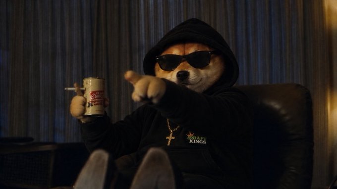 A Shiba Inu wearing sunglasses and a black hoodie holds a can while pointing confidently at the camera, with "ADA KINGS" and a cross necklace visible—projecting the swagger and "all-in" conviction the post channels around its "ALLINU" meme coin narrative.