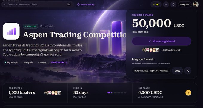 A dark-themed webpage for the 'Aspen Trading Competition' on Hyperliquid, showing 50,000 USDC prize pool, 1,558 registered traders, and 32 days remaining.