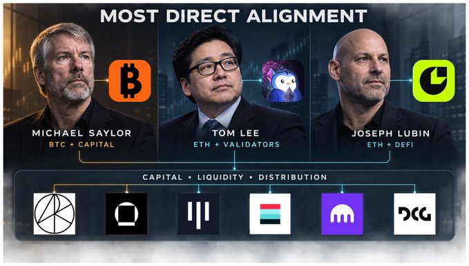 The image shows a "MOST DIRECT ALIGNMENT" graphic featuring Michael Saylor (BTC + CAPITAL), Tom Lee (ETH + VALIDATORS), and Joseph Lubin (ETH + DEFI), each linked through "CAPITAL • LIQUIDITY • DISTRIBUTION" to six logos (including what appears to be Stripe, Coinbase, Circle, and Kraken). It visually maps how TradFi and crypto infrastructure stakeholders connect to channel capital, aligning with the post's thesis that crypto volatility can be leveraged to generate equity premiums rather than just tokenizing stocks.