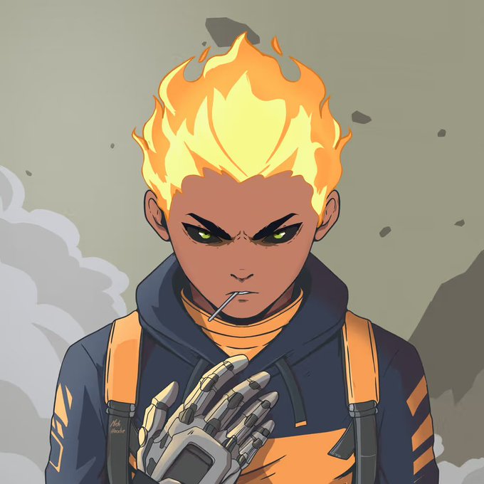 An anime-style digital illustration of a character with flame-like yellow hair, green eyes, and a robotic hand, wearing a blue and orange jacket with a small stick in his mouth.