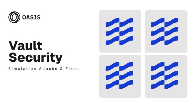 A presentation slide displays the OASIS logo and the title 'Vault Security: Simulation Attacks & Fixes', accompanied by four blue and gray wavy square icons.