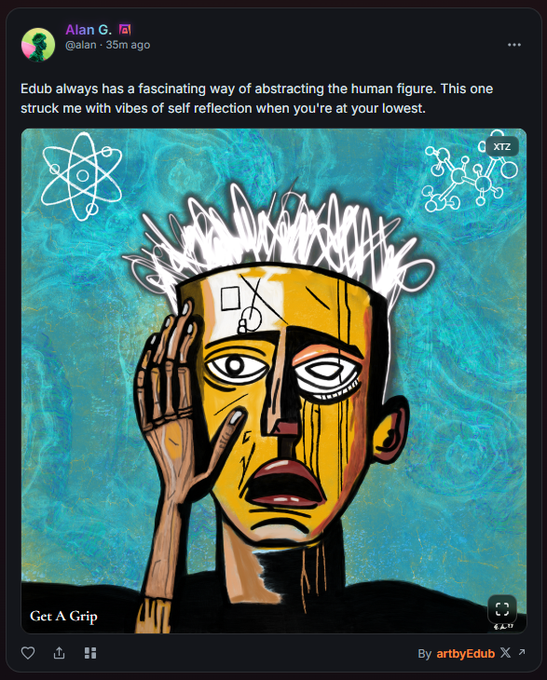 A screenshot of a social media post by 'Alan G.' featuring an abstract cubist-style portrait titled 'Get A Grip' by 'artbyEdub'.