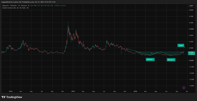 TradingView chart of Algorand (ALGO/USD) on a daily timeframe as of October 13, 2025, showing a long-term downtrend with resistance from descending Bollinger Bands around $0.20-0.25 and key support levels labeled "Bottom 1" and "Bottom 2" near $0.15-0.17.