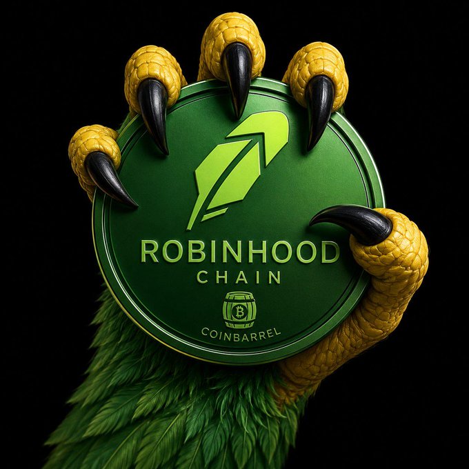 A 3D-rendered green medallion labeled 'ROBINHOOD CHAIN' with 'COINBARREL' text, held by a green and yellow clawed hand against a black background.
