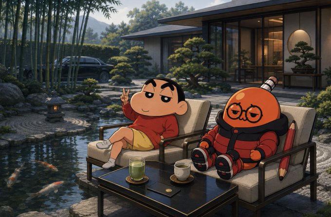 A digital illustration of two cartoon characters—one resembling Crayon Shin-chan and another an orange creature with glasses—sitting on lounge chairs by a koi pond in a serene Japanese-style garden.