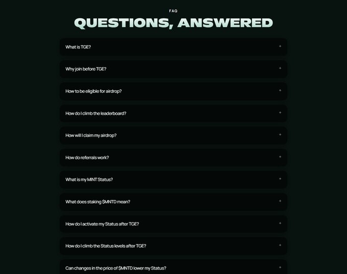 A dark-themed FAQ page titled 'QUESTIONS, ANSWERED' listing common questions about TCE (TurtleCoin), airdrops, leaderboards, referrals, and $MNTT status.