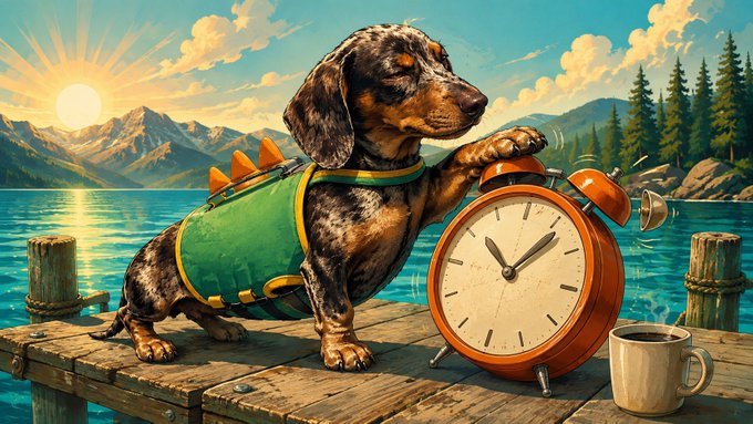 A whimsical, illustrated scene of a dachshund wearing a green life vest standing on a wooden dock, with its paw resting on a large orange alarm clock next to a coffee mug, set against a lake and mountain sunset backdrop.