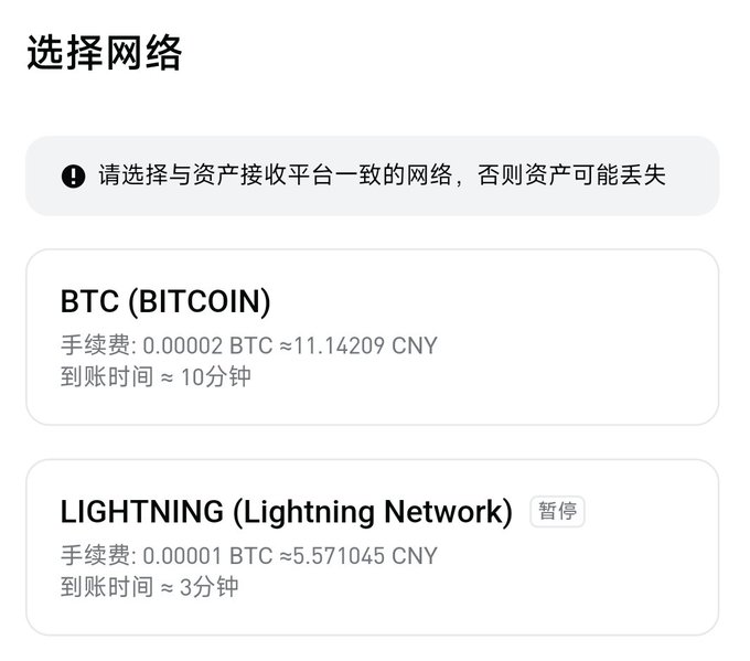 A Chinese-language cryptocurrency withdrawal interface titled '选择网络' (Select Network) with a warning to choose a network matching the receiving platform, showing options for BTC (BITCOIN) at ~10 minutes and LIGHTNING (Lightning Network) marked as paused at ~3 minutes.
