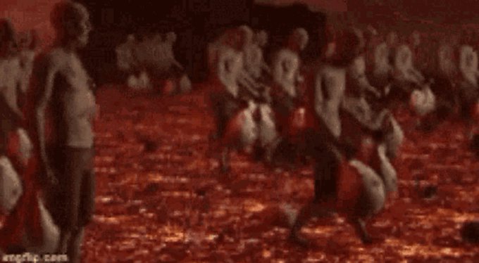 A dark, surreal digital artwork depicts nude figures standing on a textured red landscape with grotesque creatures, bearing a 'srogflip.com' watermark.