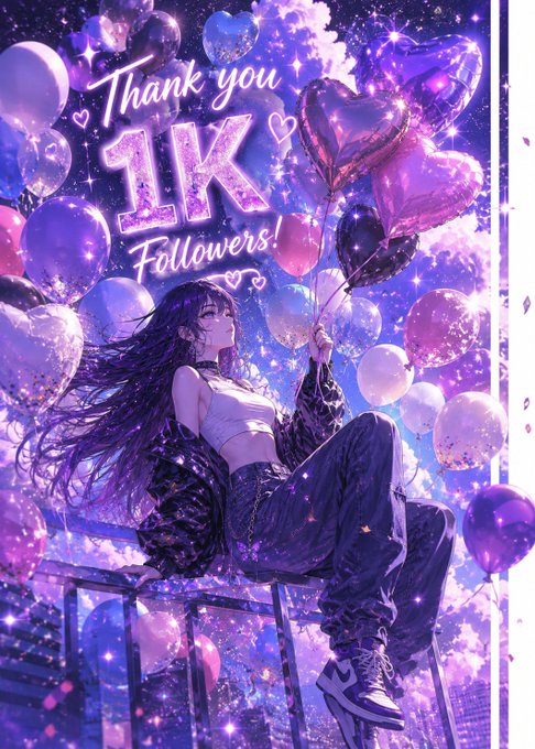 An anime-style illustration celebrating '1K Followers!' featuring a girl holding heart balloons against a sparkly purple background.