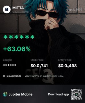 A financial screenshot from Jupiter Mobile showing a token named MITTA (MIT) with a 63.06% gain, price $0.0741, entry price $0.0498, dated Sep 2, 2026.