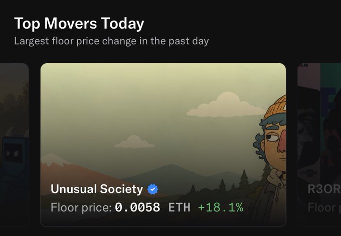 A NFT marketplace interface showing 'Top Movers Today' with 'Unusual Society' featuring a floor price of 0.0058 ETH, up 18.1%.