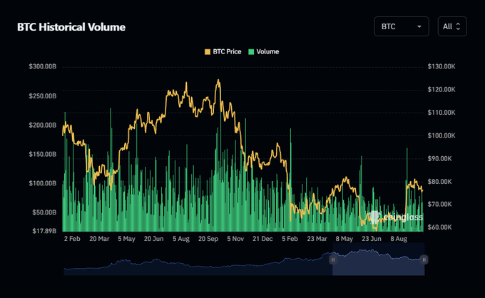 A dark-themed BTC Historical Volume chart from SoundLoss showing Bitcoin price and volume trends from February to August, with prices peaking around $120K.