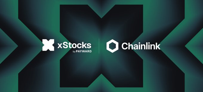 The image shows a partnership banner featuring the **xStocks by PAYWARD** logo alongside the **Chainlink** logo, set against a stylized green and black background with a large "X" design. The graphic visually represents the collaboration between the two platforms, supporting the post's announcement that xStocks' bridging into HyperEVM is powered by Chainlink's CCIP (Cross-Chain Interoperability Protocol), enabling secure transfers of tokenized stocks like NVDAx, SPYx, QQQx, SKHYx, and MUx.