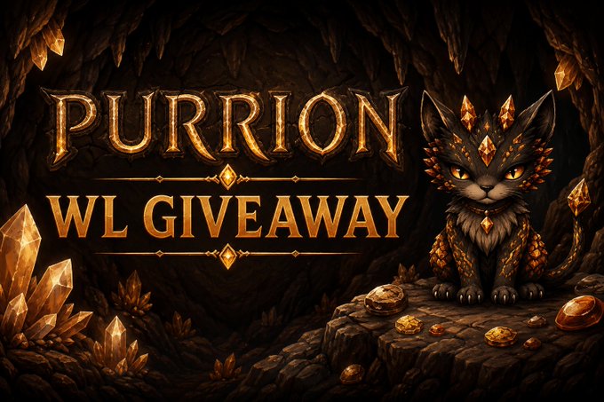 The image features a cartoon cat sitting on top of a rock, with a banner that says "Purrion WL GIVEAWAY" above it. The text below the cat reads "Feed. Play. Evolve. Win 2 GTD Spots! To Enter: Follow @purrionhq Follow @norbertf76 Like & Repost this post Drop your EVM wallet address below Giveaway ends in 24 hours Good luck!".