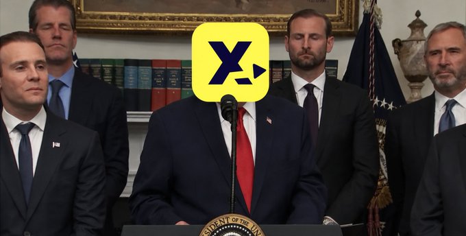 A press conference with officials is shown, with the yellow "X" logo of Xahau (XRPL sidechain) superimposed over the center where a speaker's face would be, symbolizing Xahau's emergence alongside institutional figures. The image relates to the post by visually representing the platform's growing presence and institutional adoption in the blockchain space.