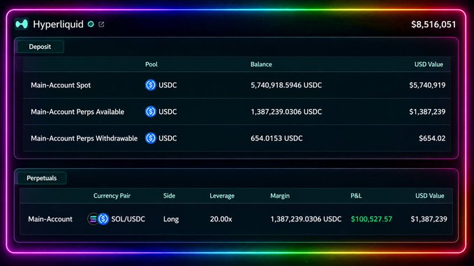 A cryptocurrency trading interface for Hyperliquid showing a total balance of $8,516,051 in USDC, with details on Spot, Perpetuals Available, and Withdrawable balances, along with a 20.00x long position on SOL/USDC showing a P&L of $100,527.57.