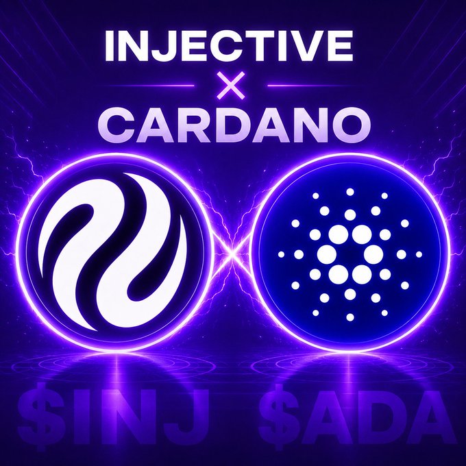 A promotional graphic displays "INJECTIVE X CARDANO" with their respective logos ($INJ and $ADA) set against a dark purple background with neon lighting effects.