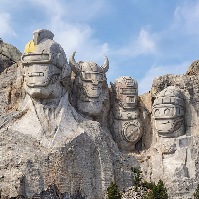 A mountain carving features four large sculpted faces wearing futuristic helmets or masks carved into rock under a partly cloudy blue sky.